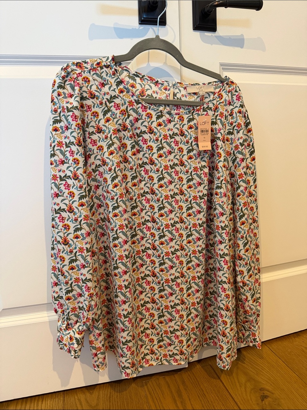 LOFT Cream Floral Button-Neck Long Sleeve Top